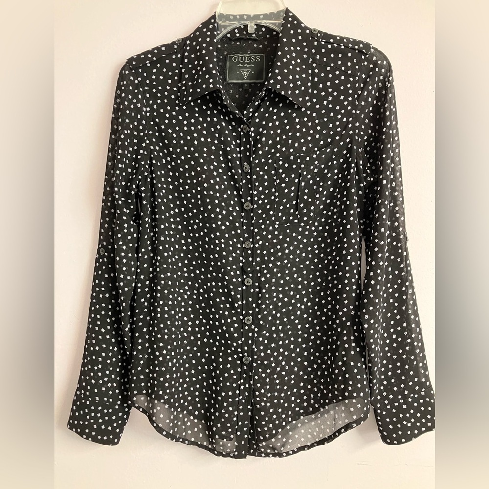 Guess Women’s SheerButton Front Long Sleeve Blouse, Small, Black/White